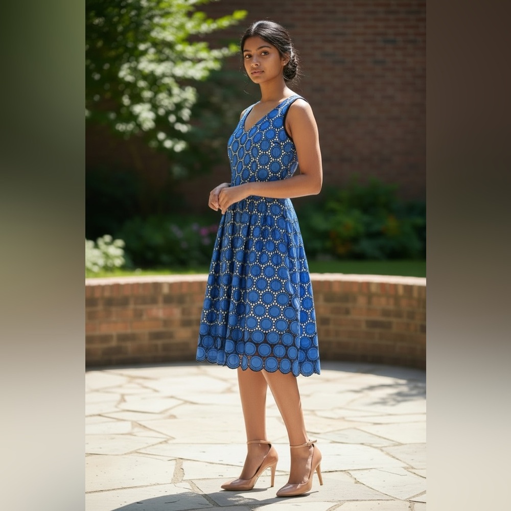 Cotton Patterned Cut-Out Lines Summer Midi Party Dress; Cobalt Blue (Size XS/2)